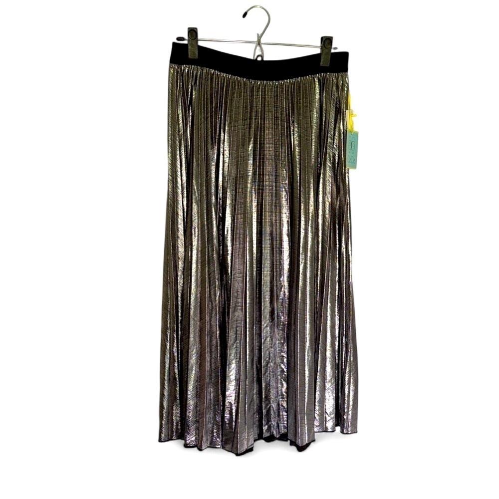 CeCe Metallic Silver Pleated Maxi Skirt Holiday Party